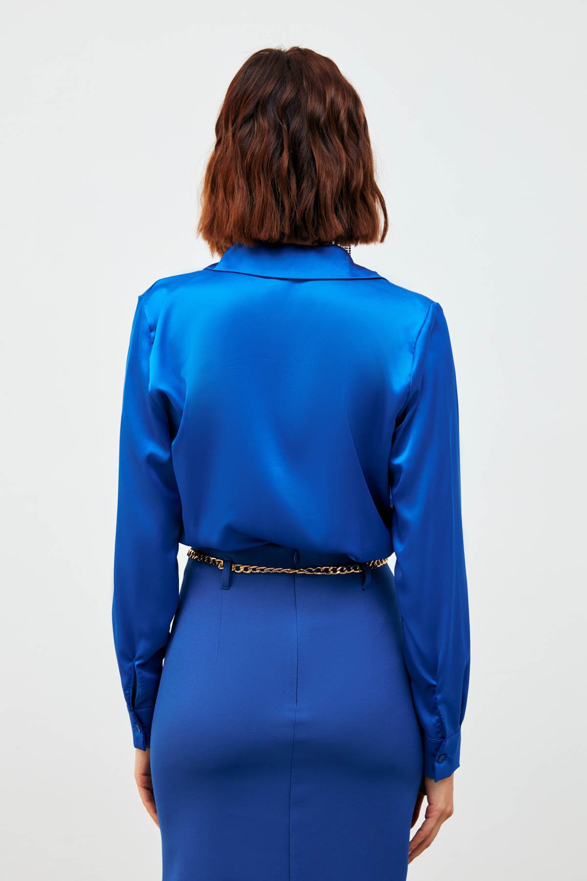 Gömlek Yaka Saten Bodysuit Bluz - SAX MAVİ