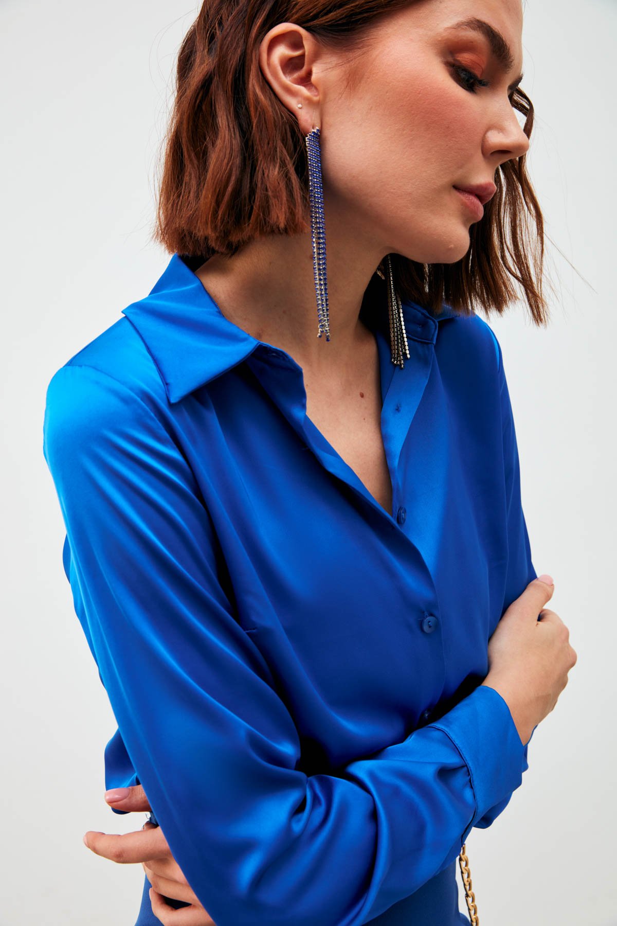Shirt Collar Satin Bodysuit Blouse - SAX BLUE