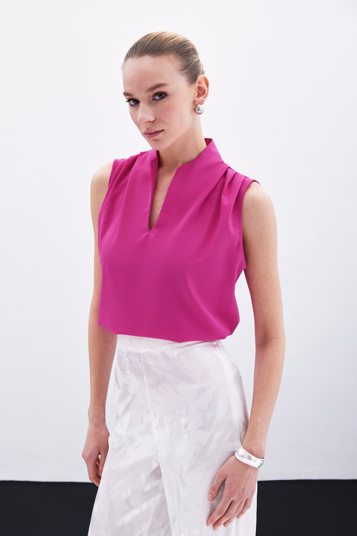 Hakim Yaka Kolsuz Bluz - Fuşya