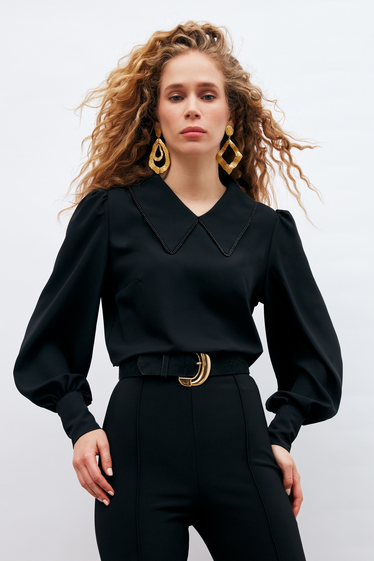İnci Yakalı Bluz - SİYAH