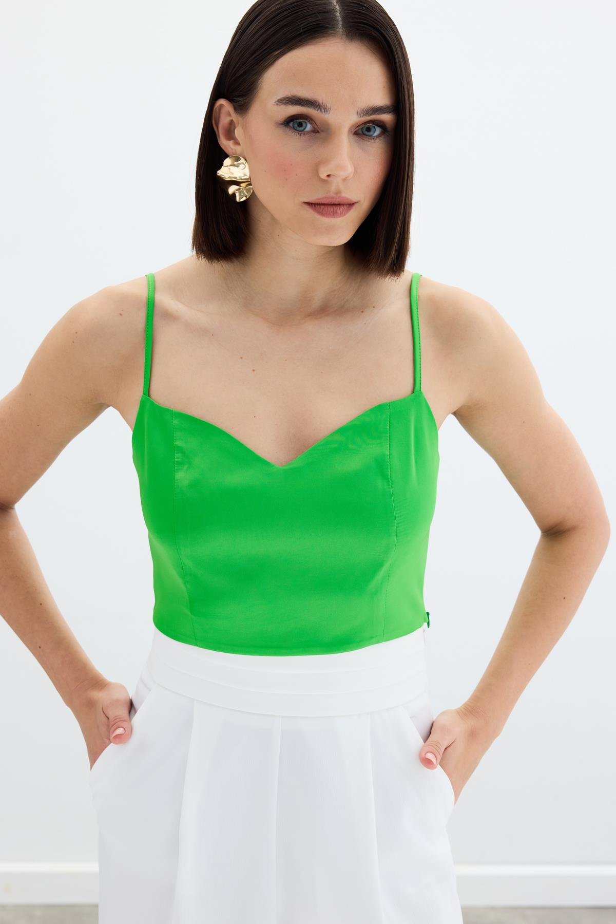 İp Askılı Saten Crop Bluz - Açık Yeşil
