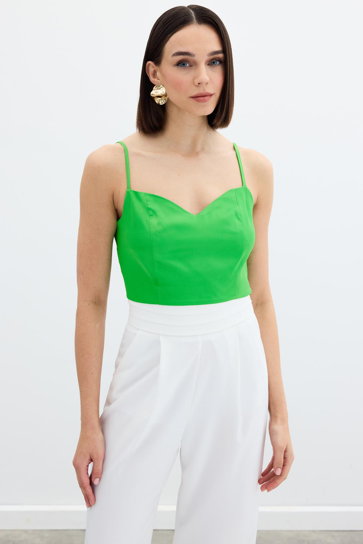 İp Askılı Saten Crop Bluz - Açık Yeşil