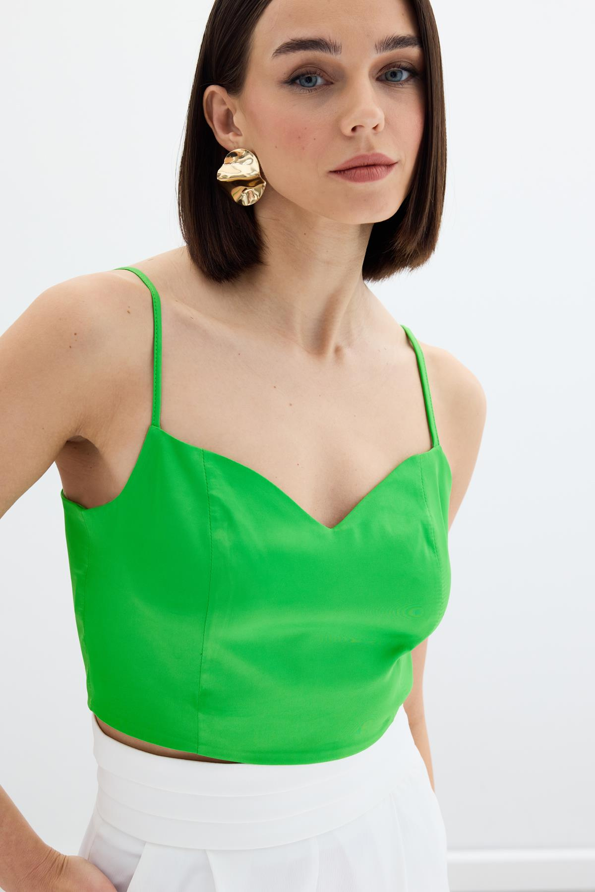 İp Askılı Saten Crop Bluz - Açık Yeşil