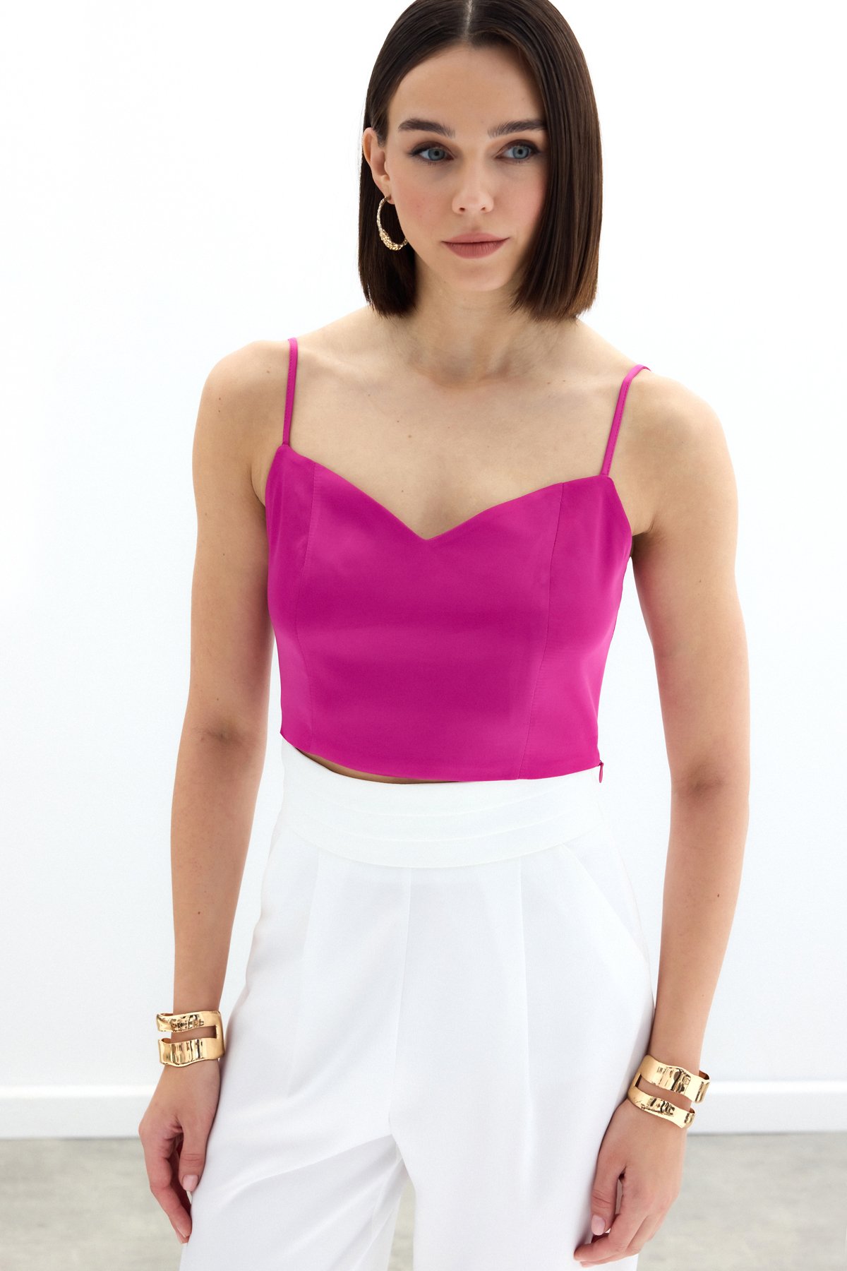 İp Askılı Saten Crop Bluz - Fuşya