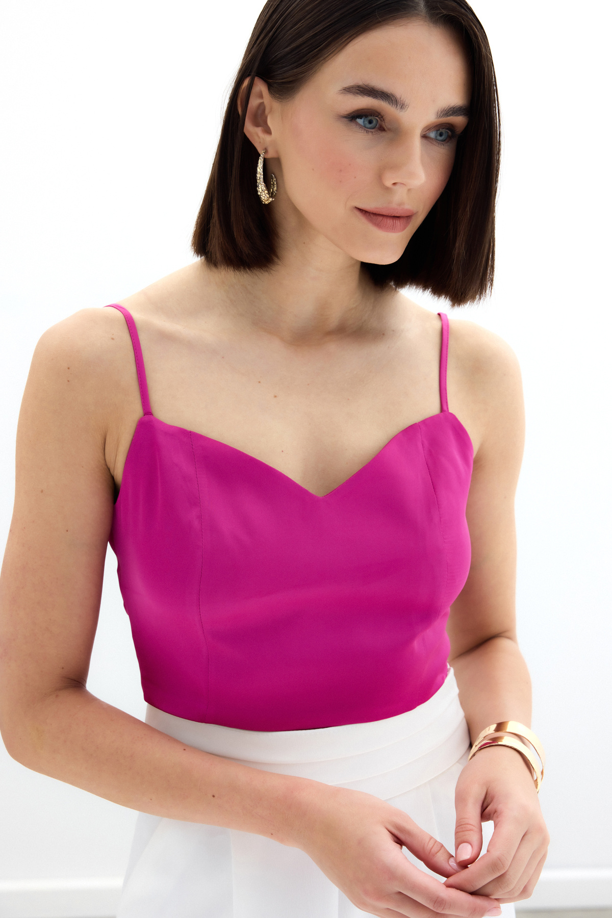 İp Askılı Saten Crop Bluz - Fuşya