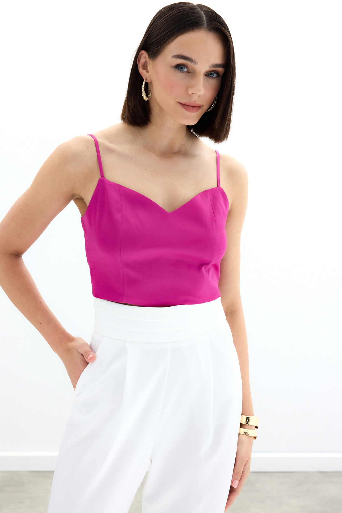 İp Askılı Saten Crop Bluz - Fuşya