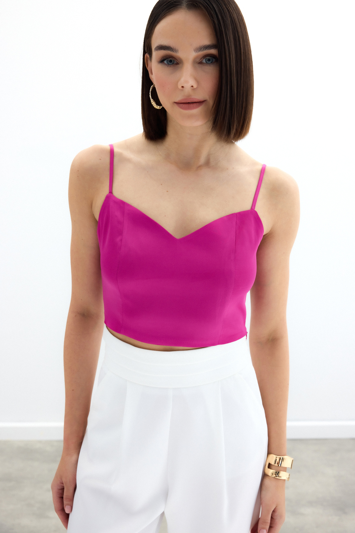 İp Askılı Saten Crop Bluz - Fuşya