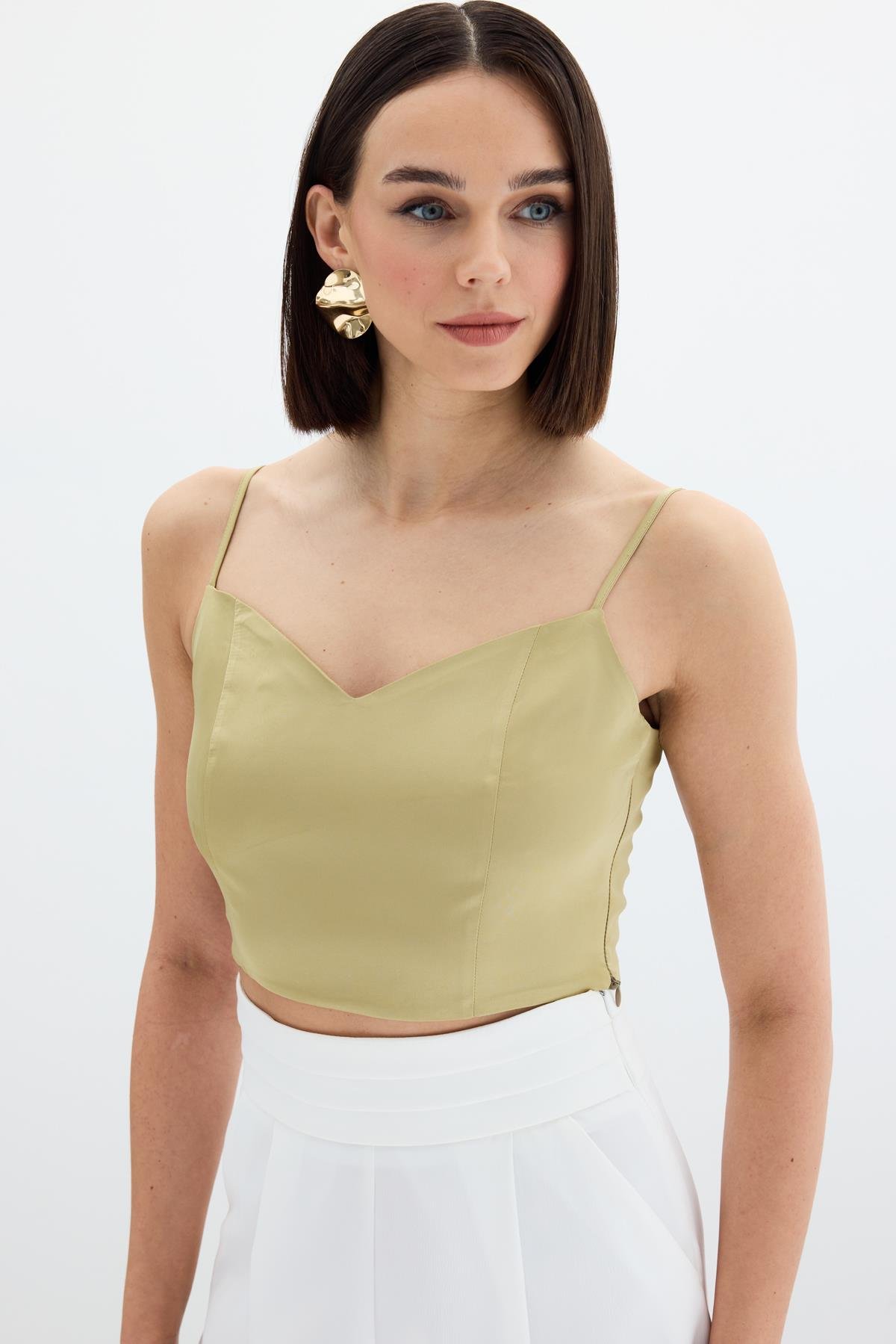 İp Askılı Saten Crop Bluz - Olive