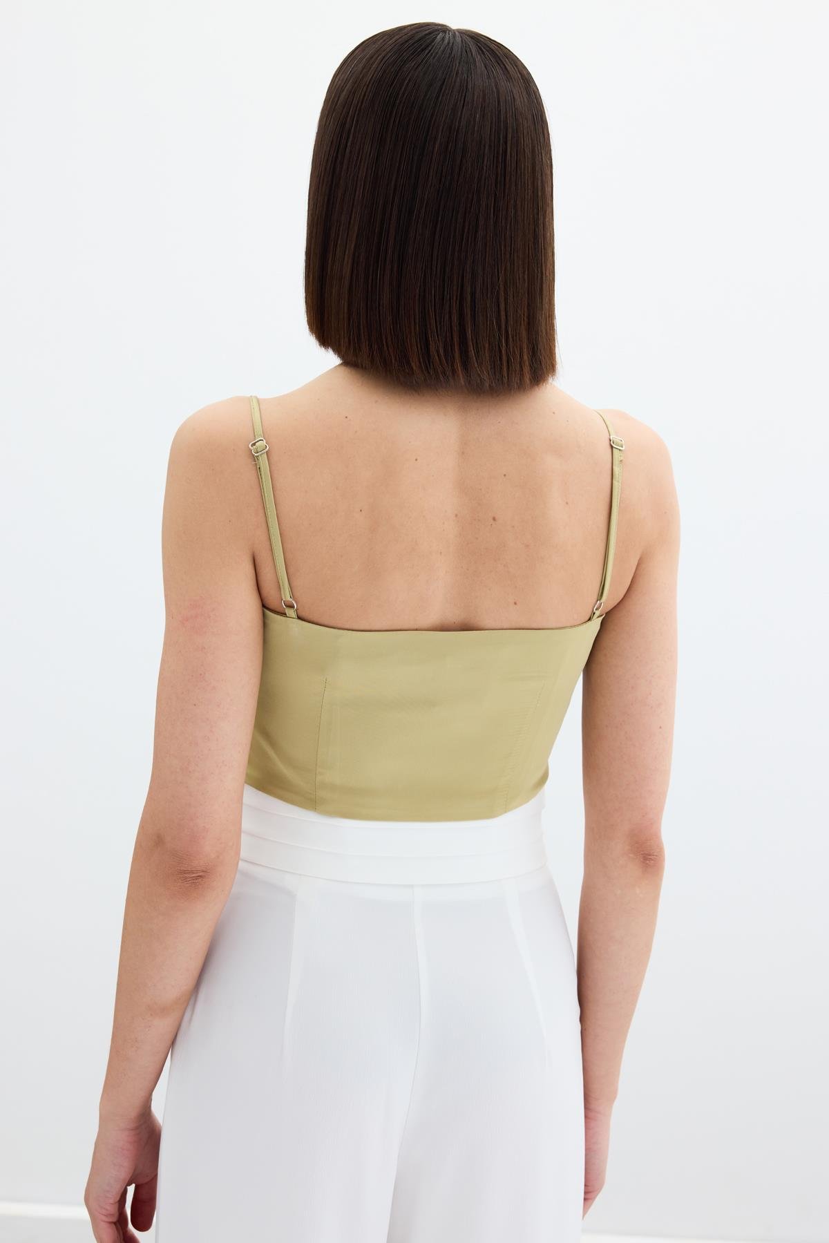 İp Askılı Saten Crop Bluz - Olive