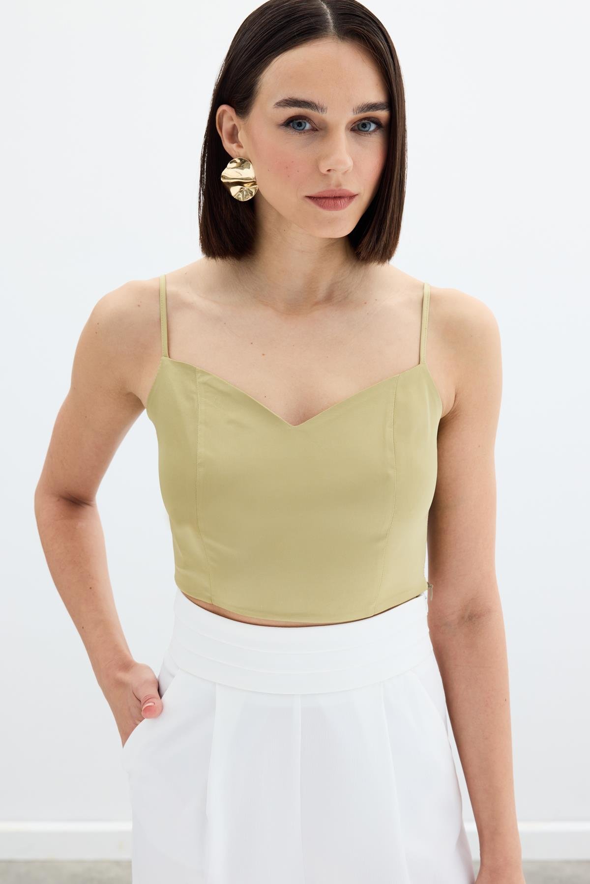 İp Askılı Saten Crop Bluz - Olive