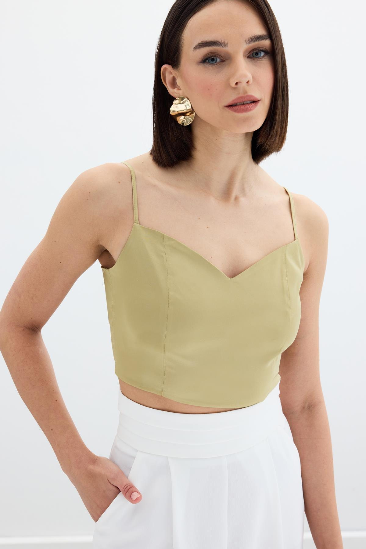 İp Askılı Saten Crop Bluz - Olive