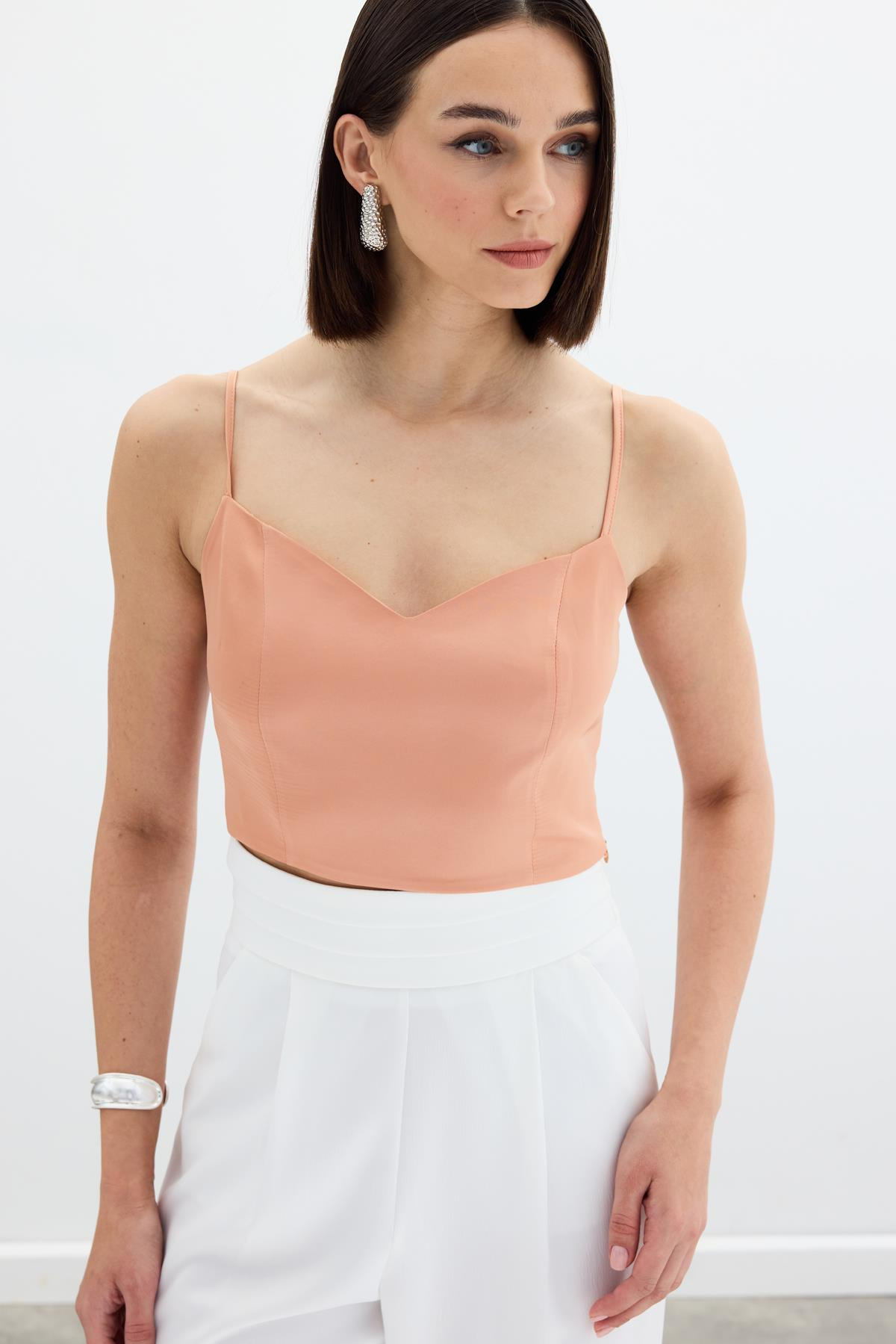 İp Askılı Saten Crop Bluz - Somon