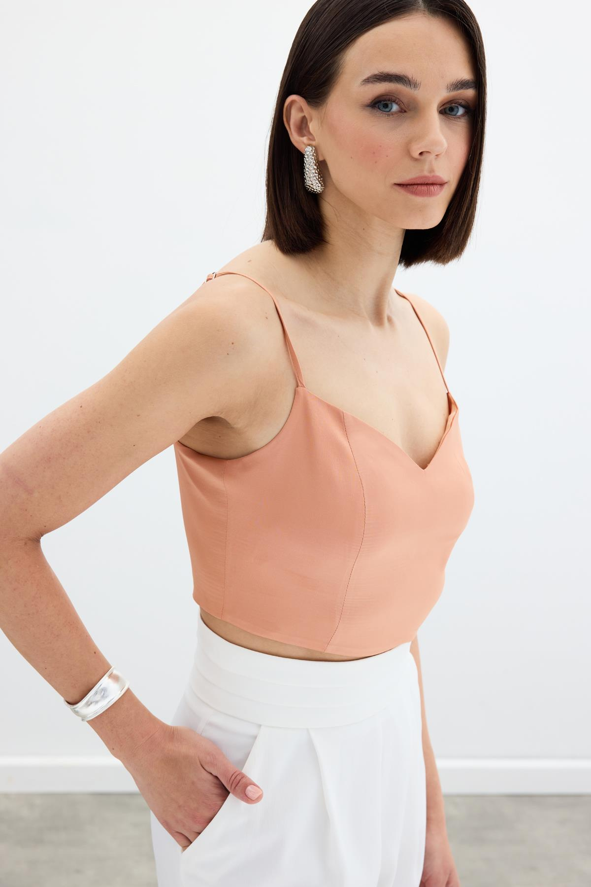 İp Askılı Saten Crop Bluz - Somon