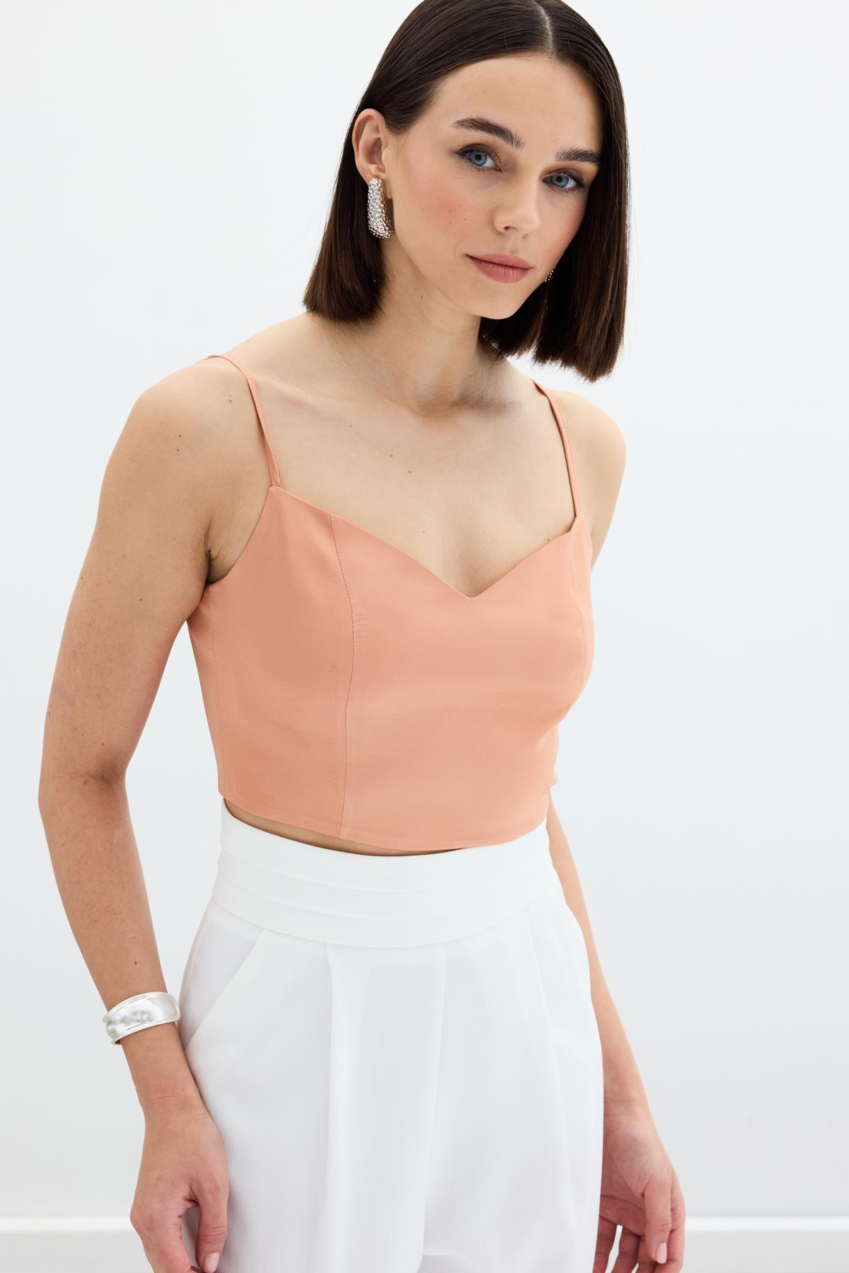 İp Askılı Saten Crop Bluz - Somon