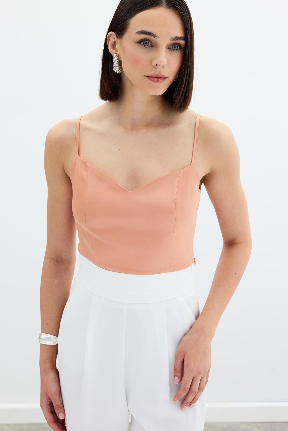 İp Askılı Saten Crop Bluz - Somon