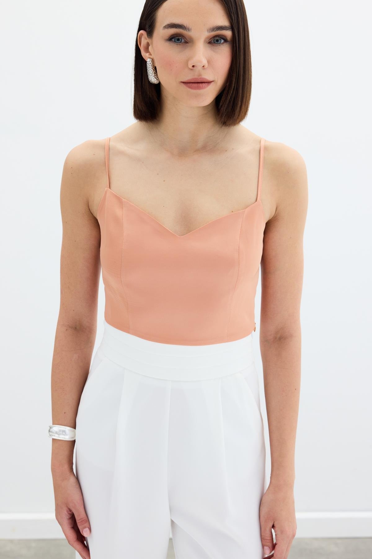 İp Askılı Saten Crop Bluz - Somon