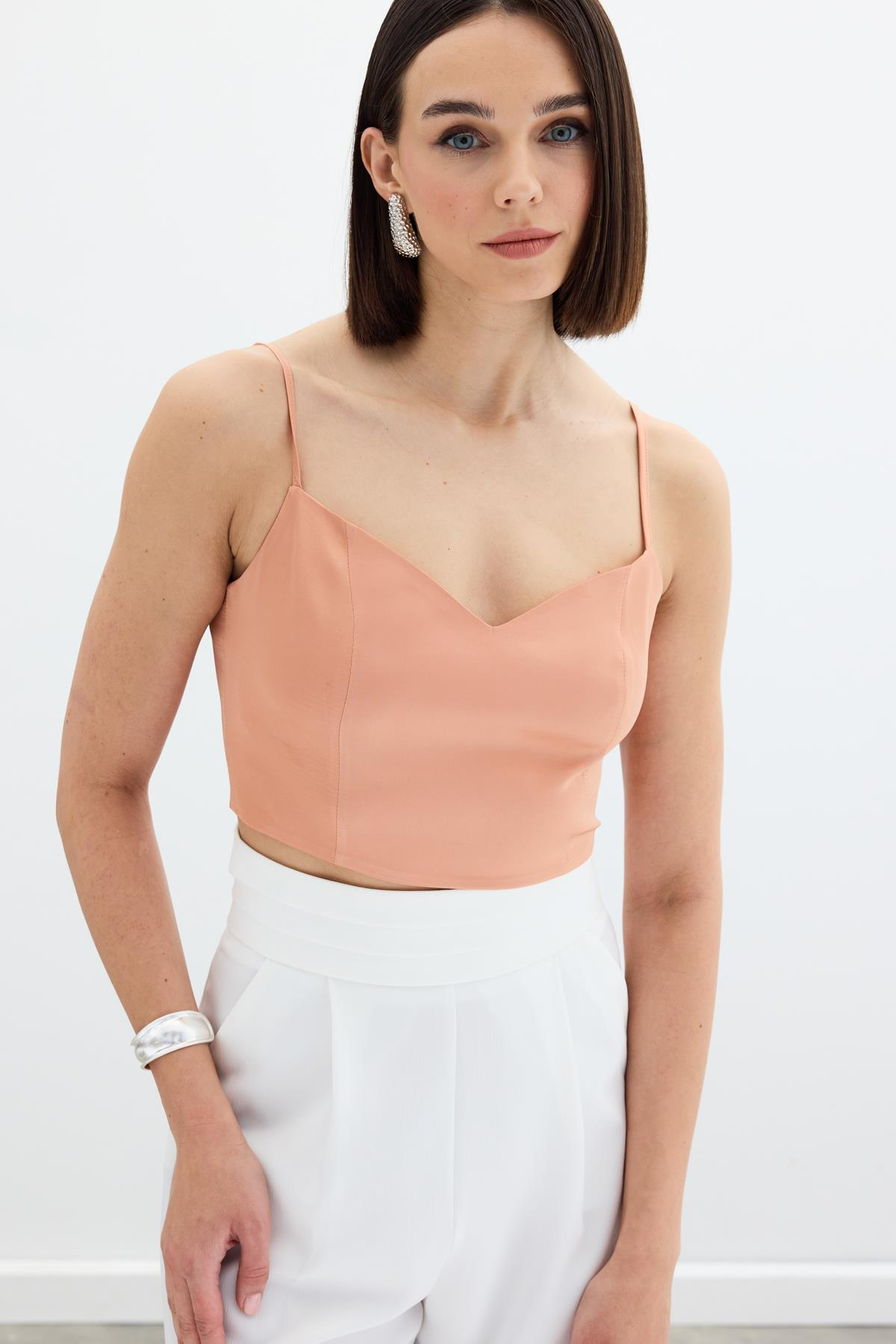 İp Askılı Saten Crop Bluz - Somon