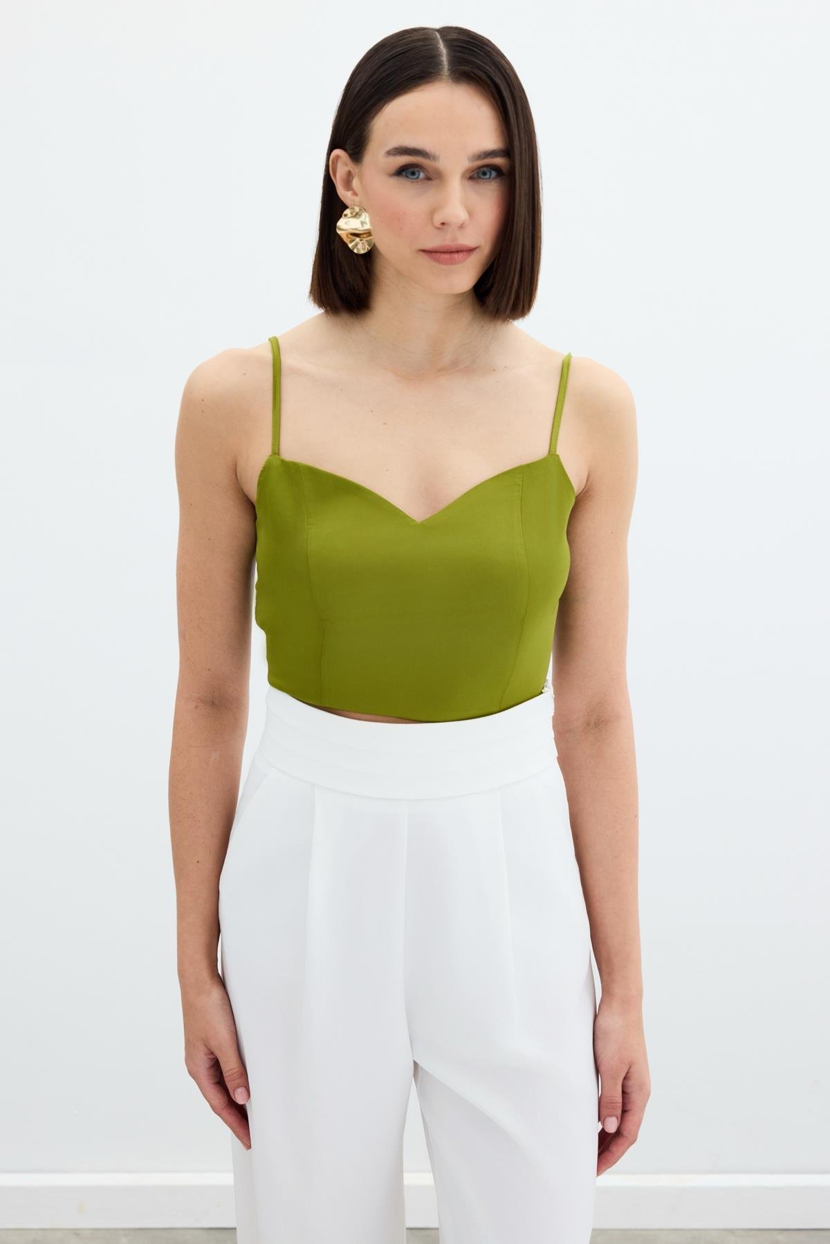 İp Askılı Saten Crop Bluz - YAĞ YEŞİLİ