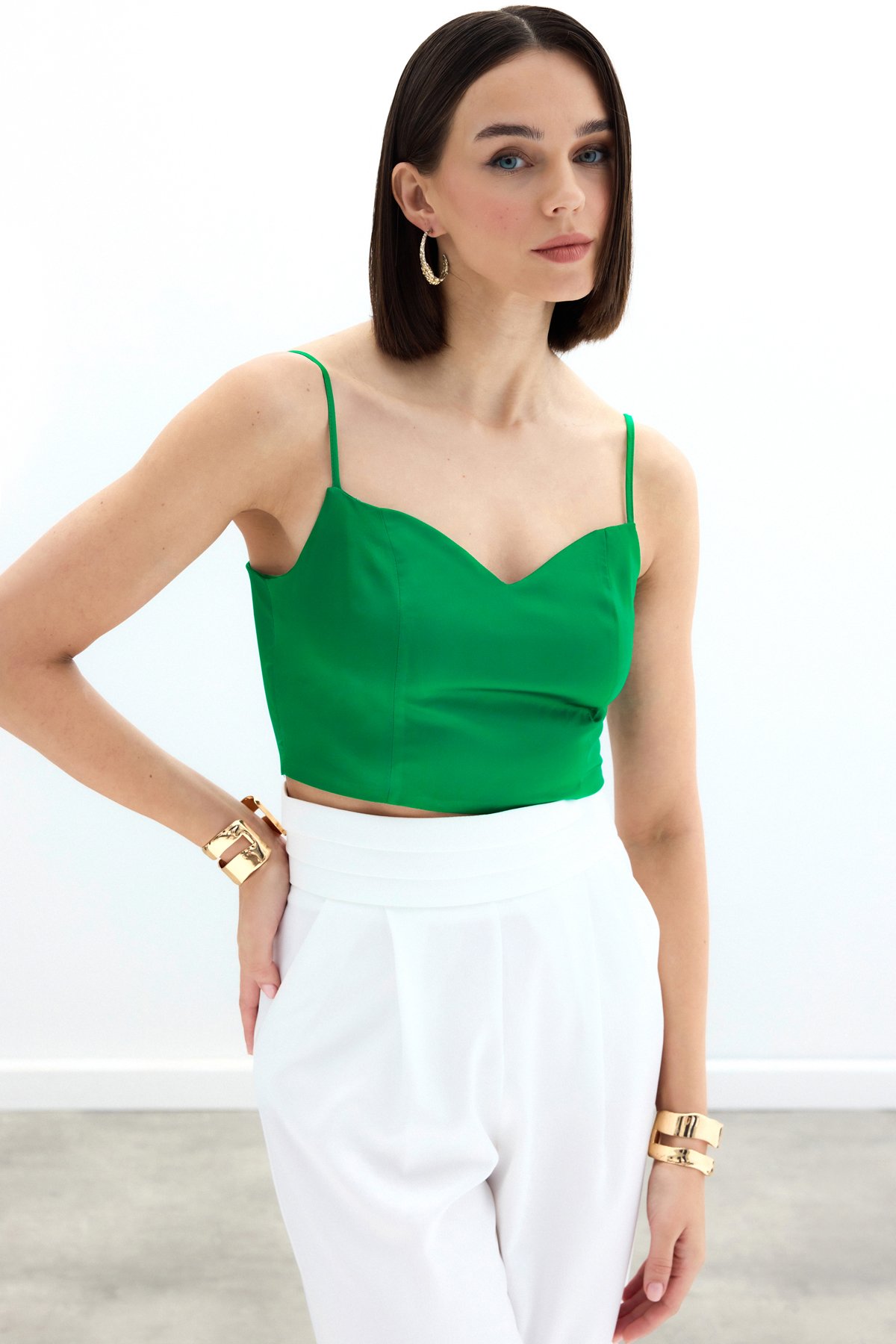 İp Askılı Saten Crop Bluz - Yeşil