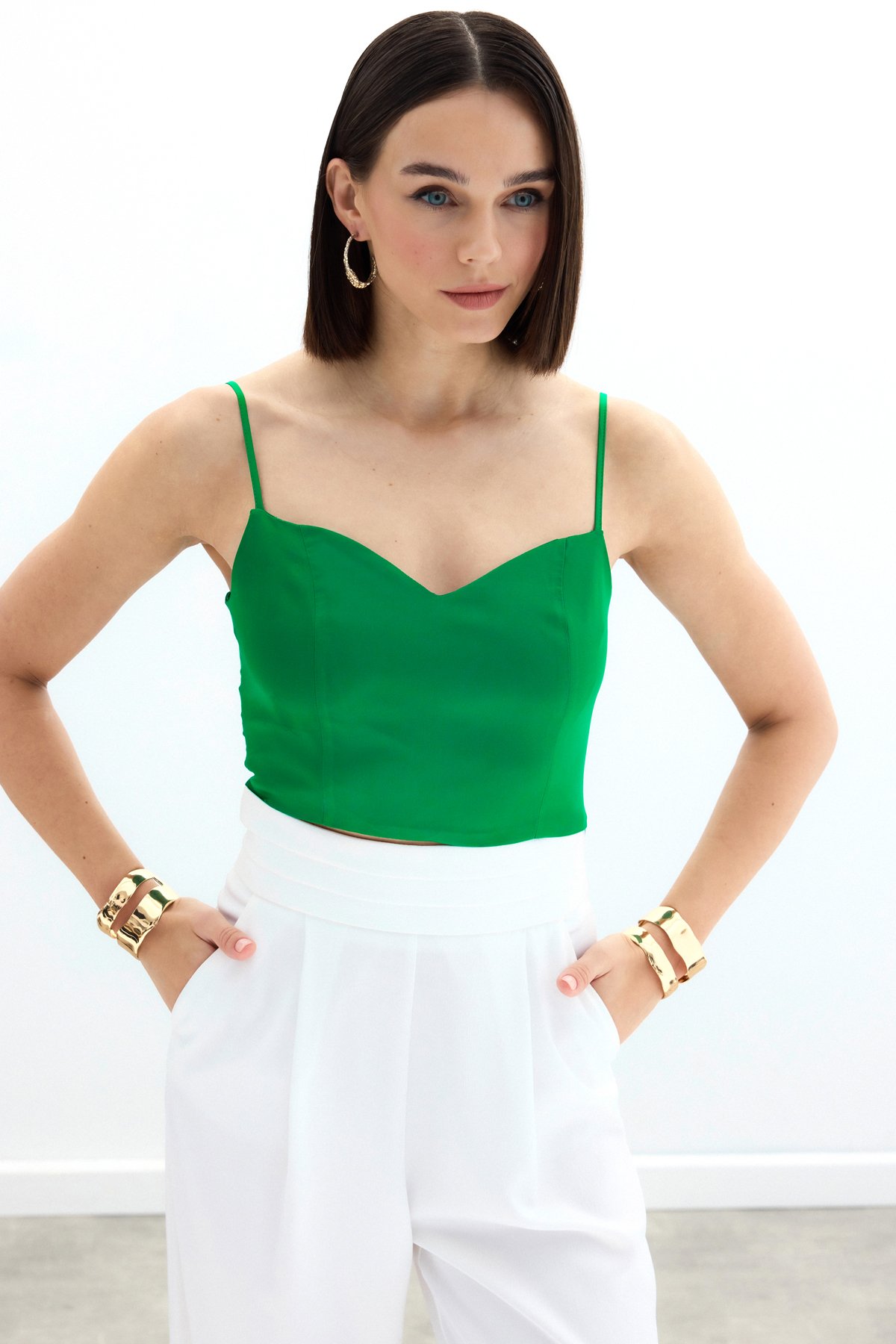 İp Askılı Saten Crop Bluz - Yeşil