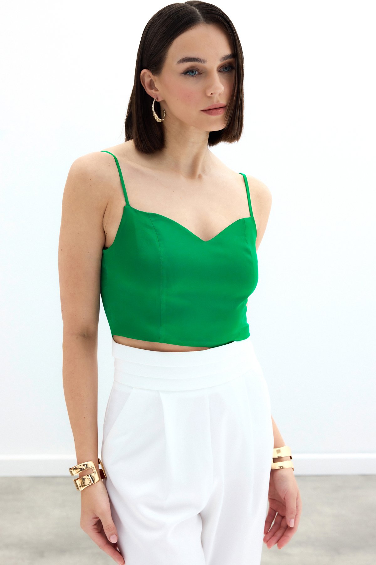 İp Askılı Saten Crop Bluz - Yeşil