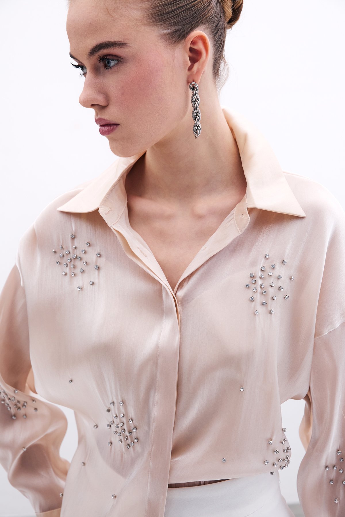 İşlemeli Organze Gömlek - Bej