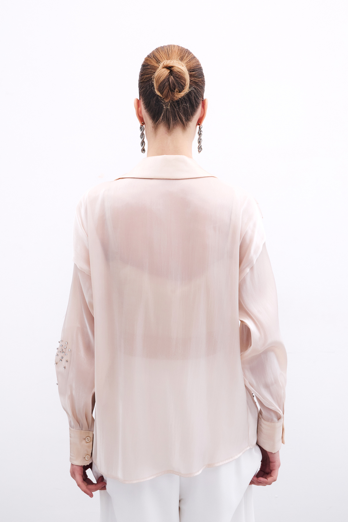 İşlemeli Organze Gömlek - Bej