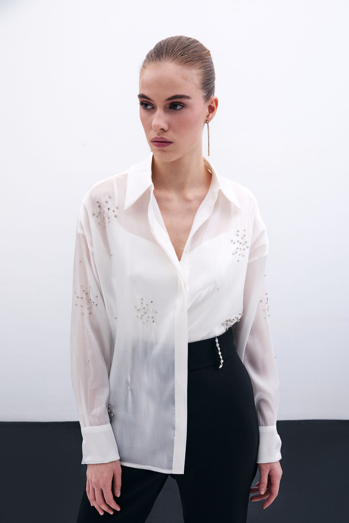 İşlemeli Organze Gömlek - Ekru