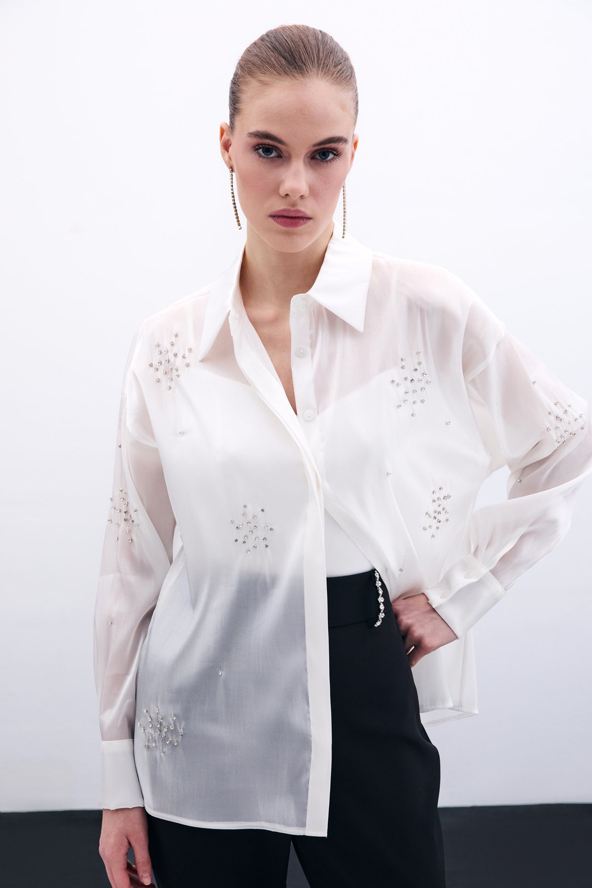 İşlemeli Organze Gömlek - Ekru