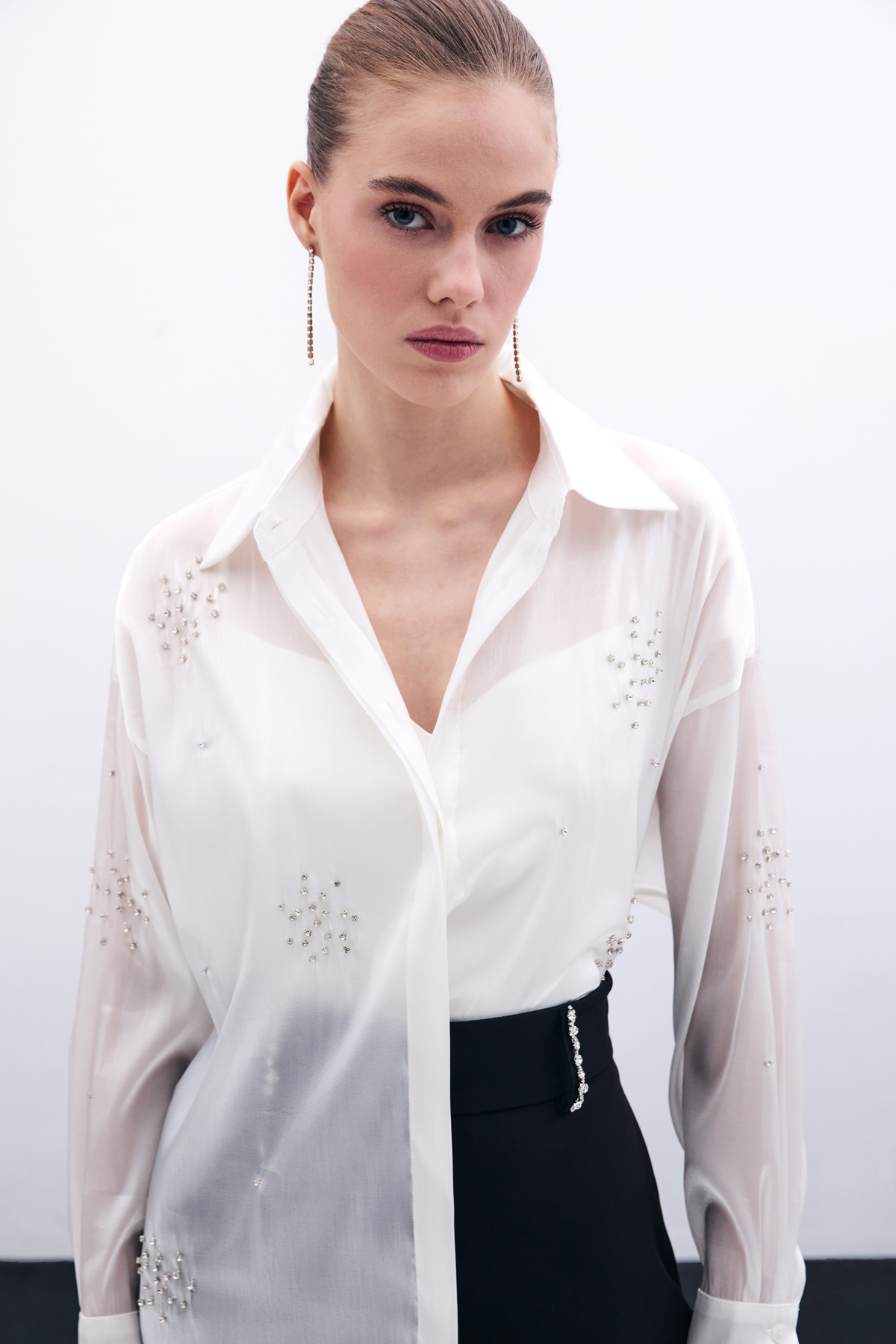 İşlemeli Organze Gömlek - Ekru