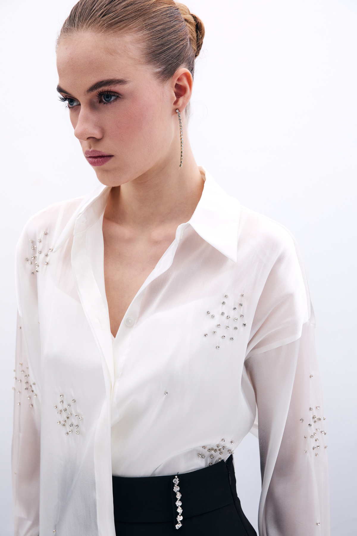 İşlemeli Organze Gömlek - Ekru