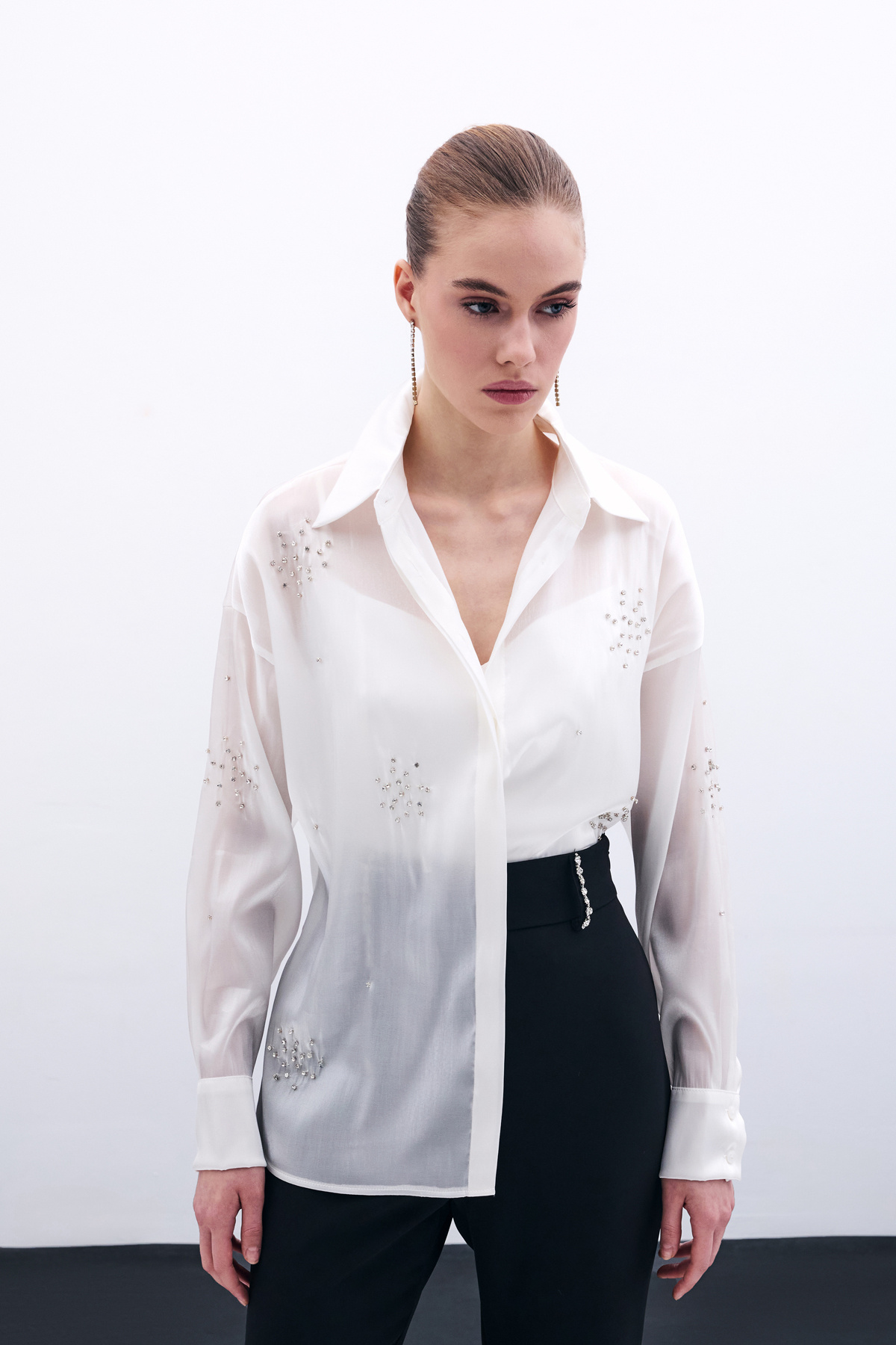 İşlemeli Organze Gömlek - Ekru