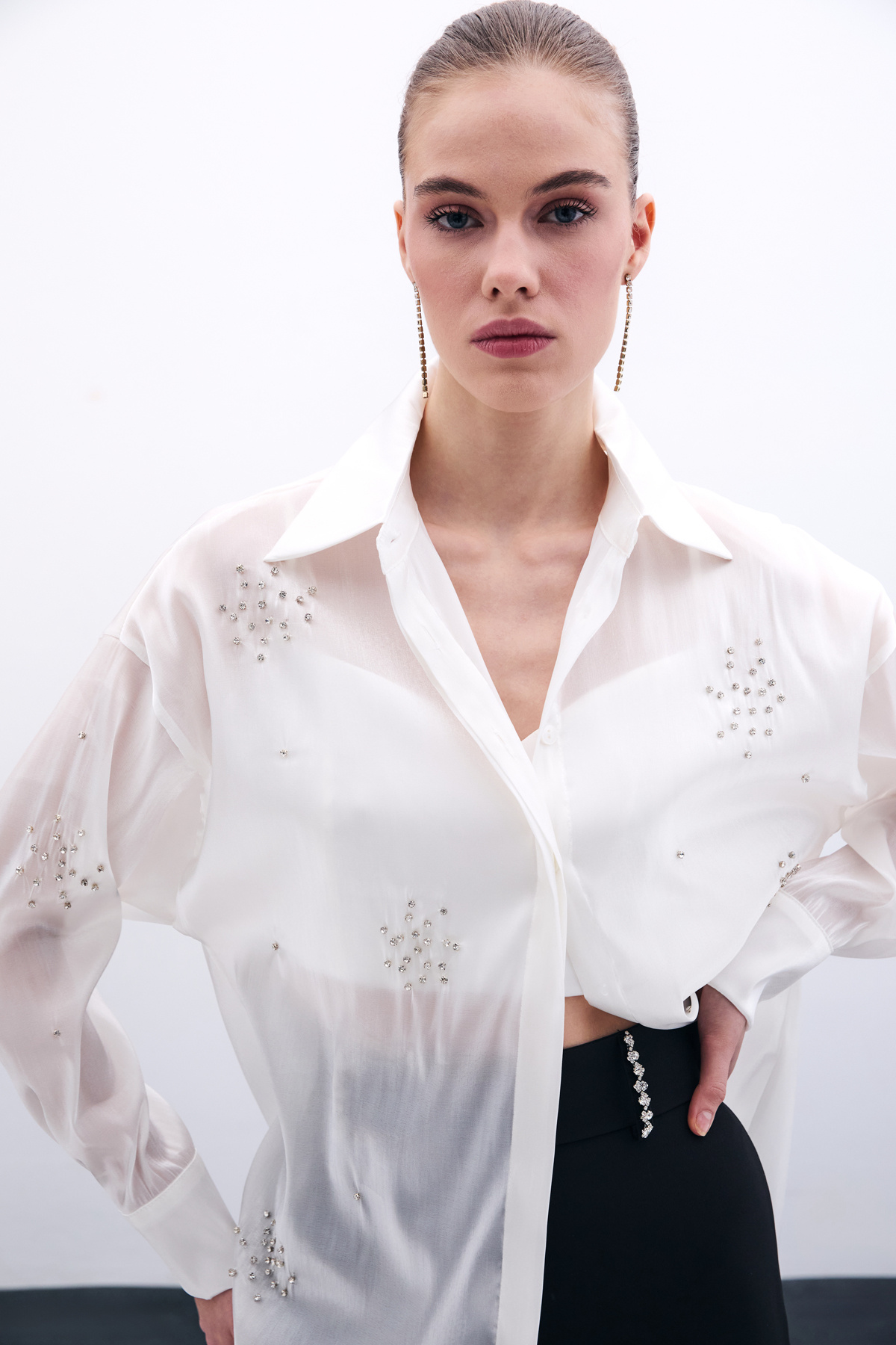 İşlemeli Organze Gömlek - Ekru