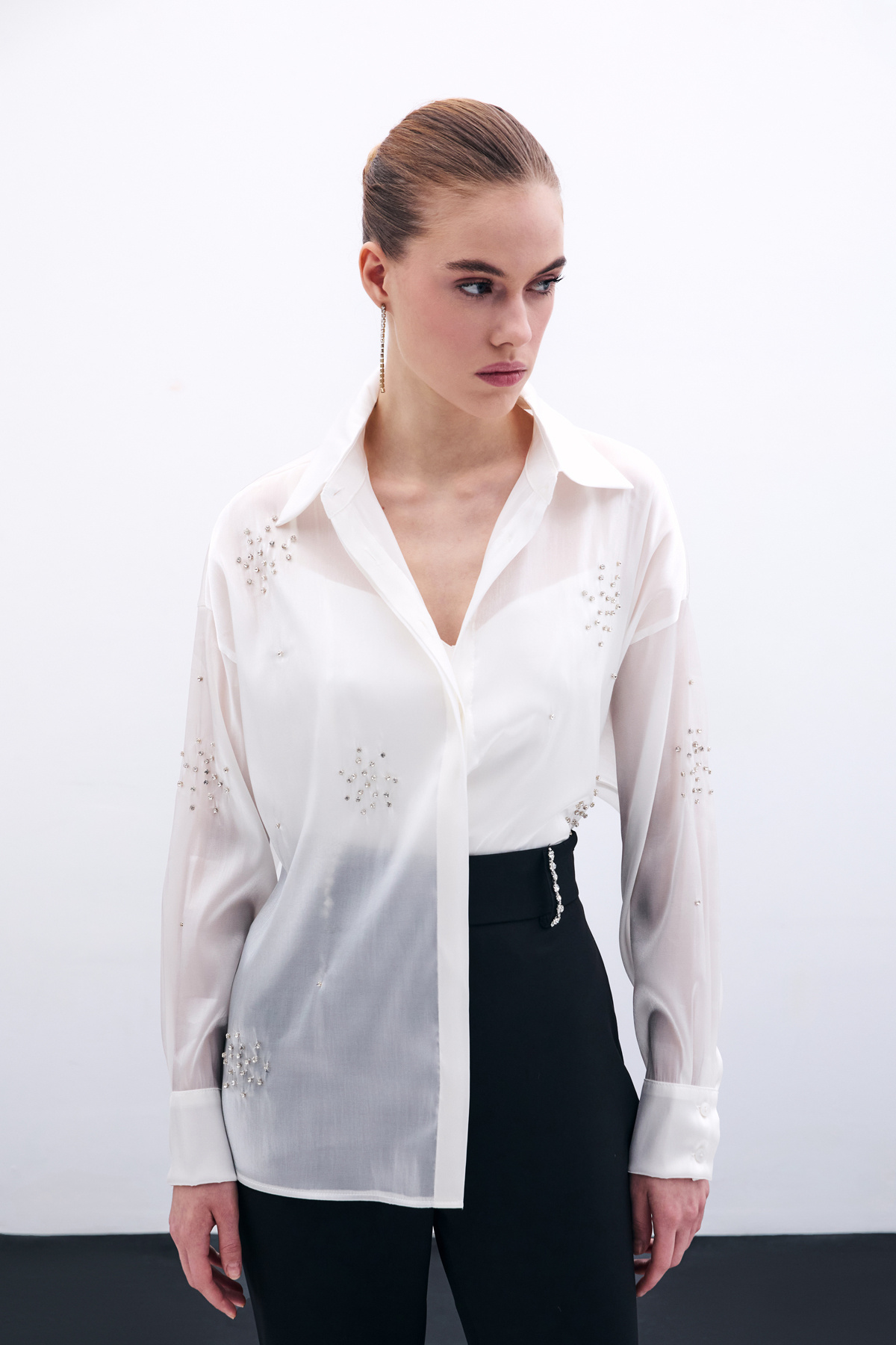 İşlemeli Organze Gömlek - Ekru