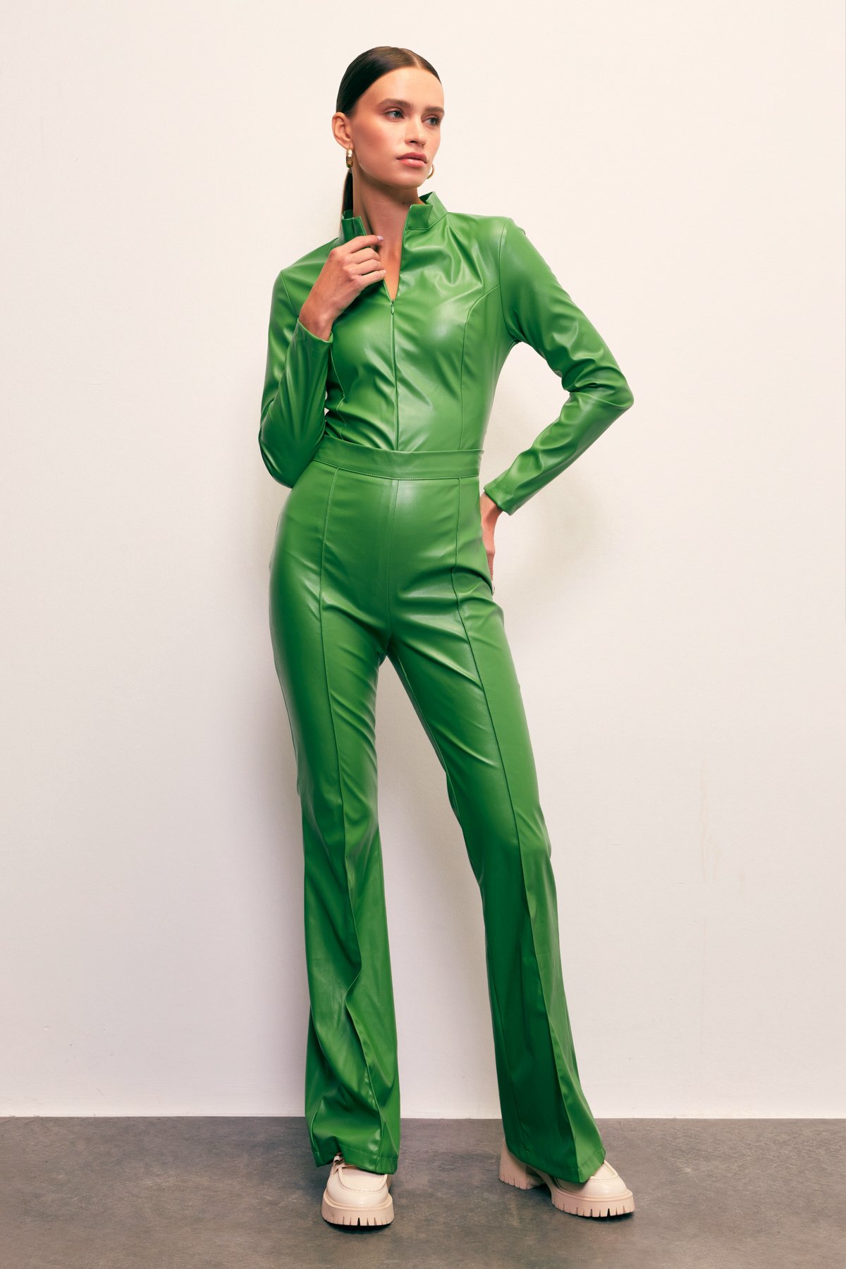 İspanyol paça deri pantolon - YEŞİL