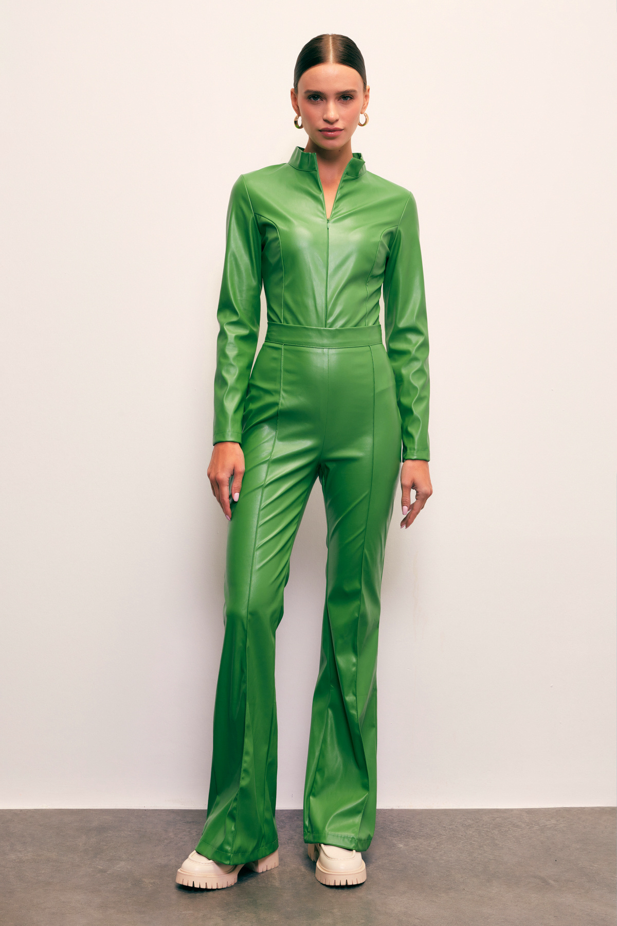 İspanyol paça deri pantolon - YEŞİL