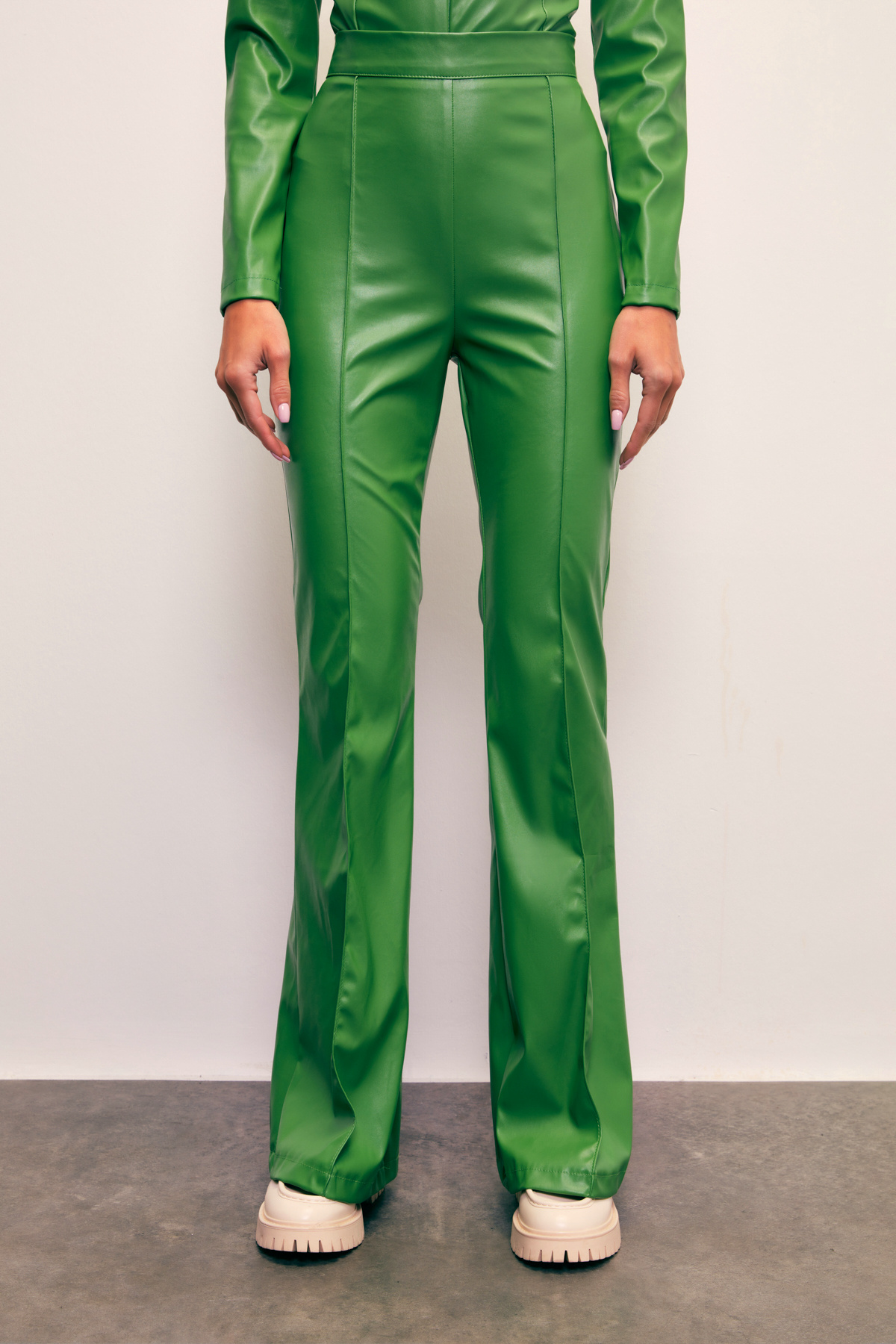 İspanyol paça deri pantolon - YEŞİL