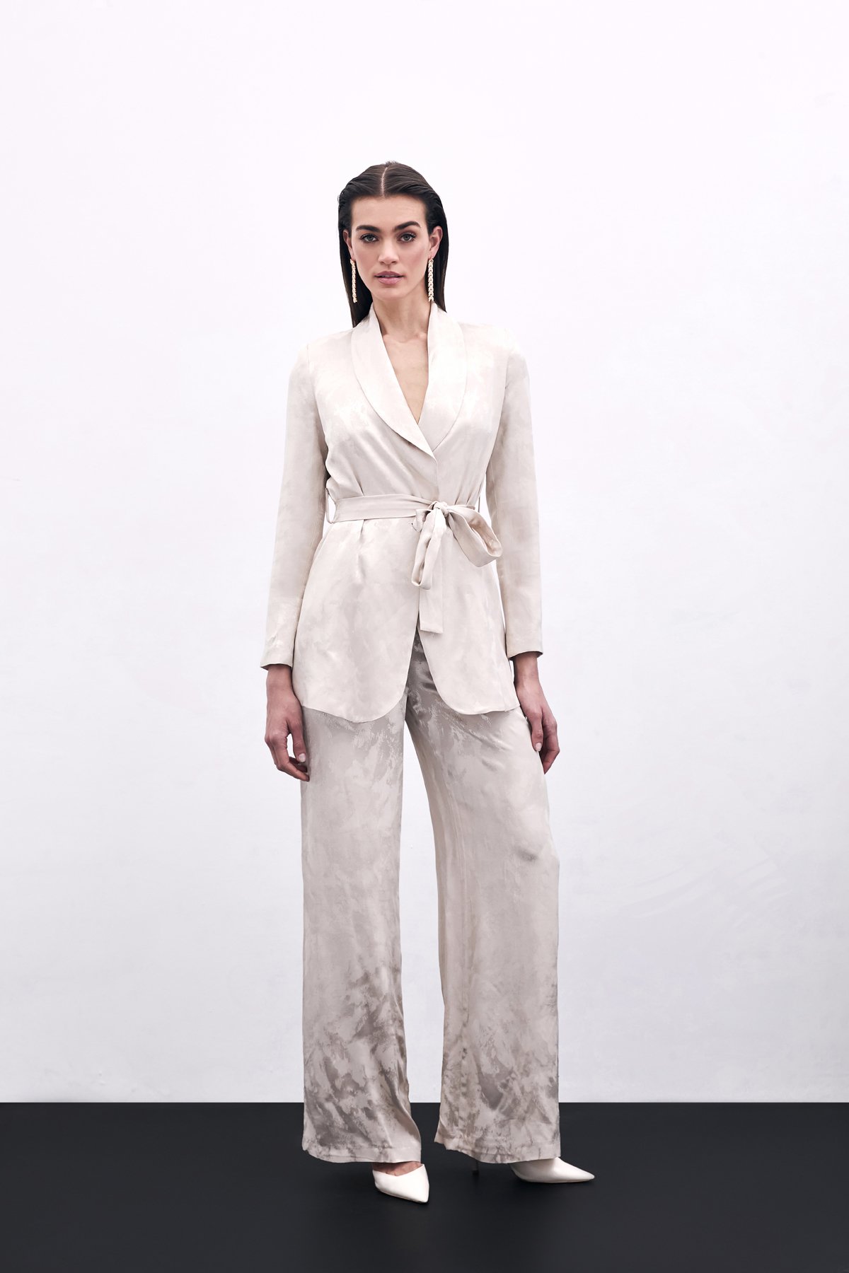 Jakarlı Bol Paça Pantolon - Bej