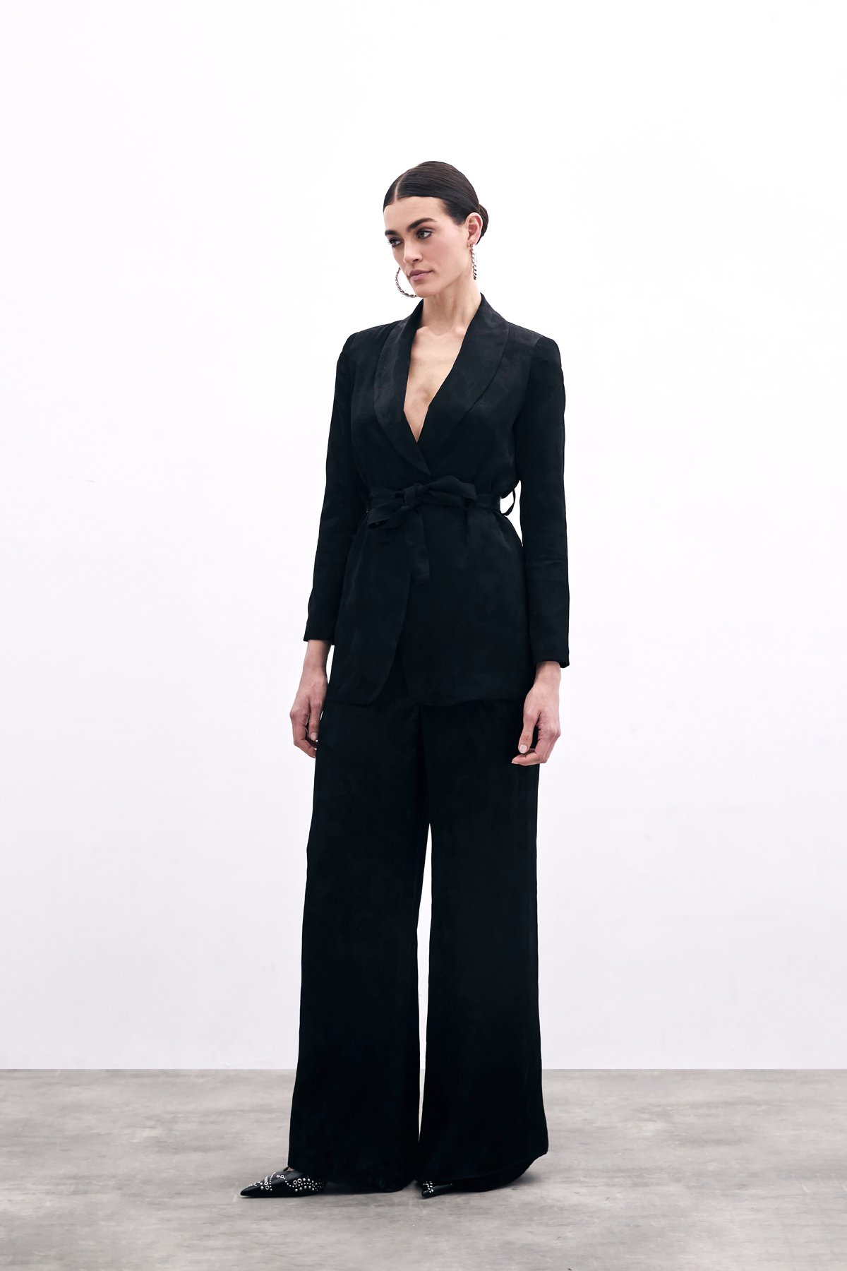 Jakarlı Bol Paça Pantolon - Siyah