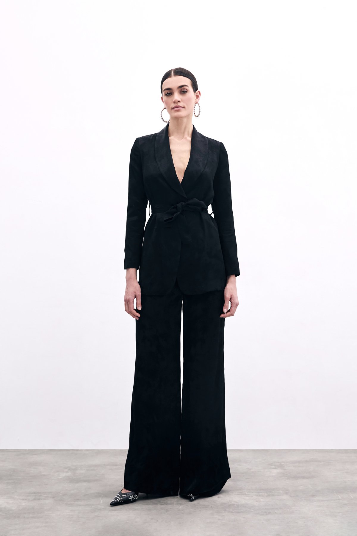 Jakarlı Bol Paça Pantolon - Siyah