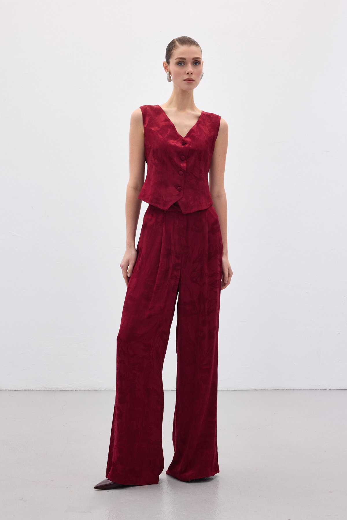 Jakarlı Bol Pantolon - Bordo