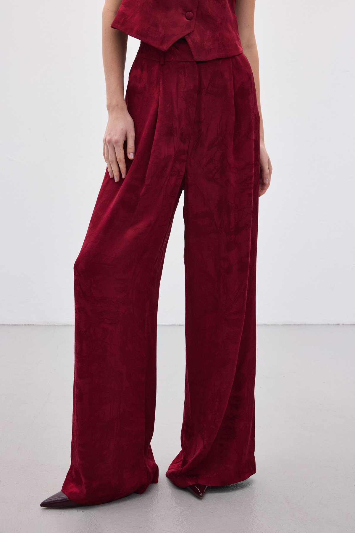 Jakarlı Bol Pantolon - Bordo