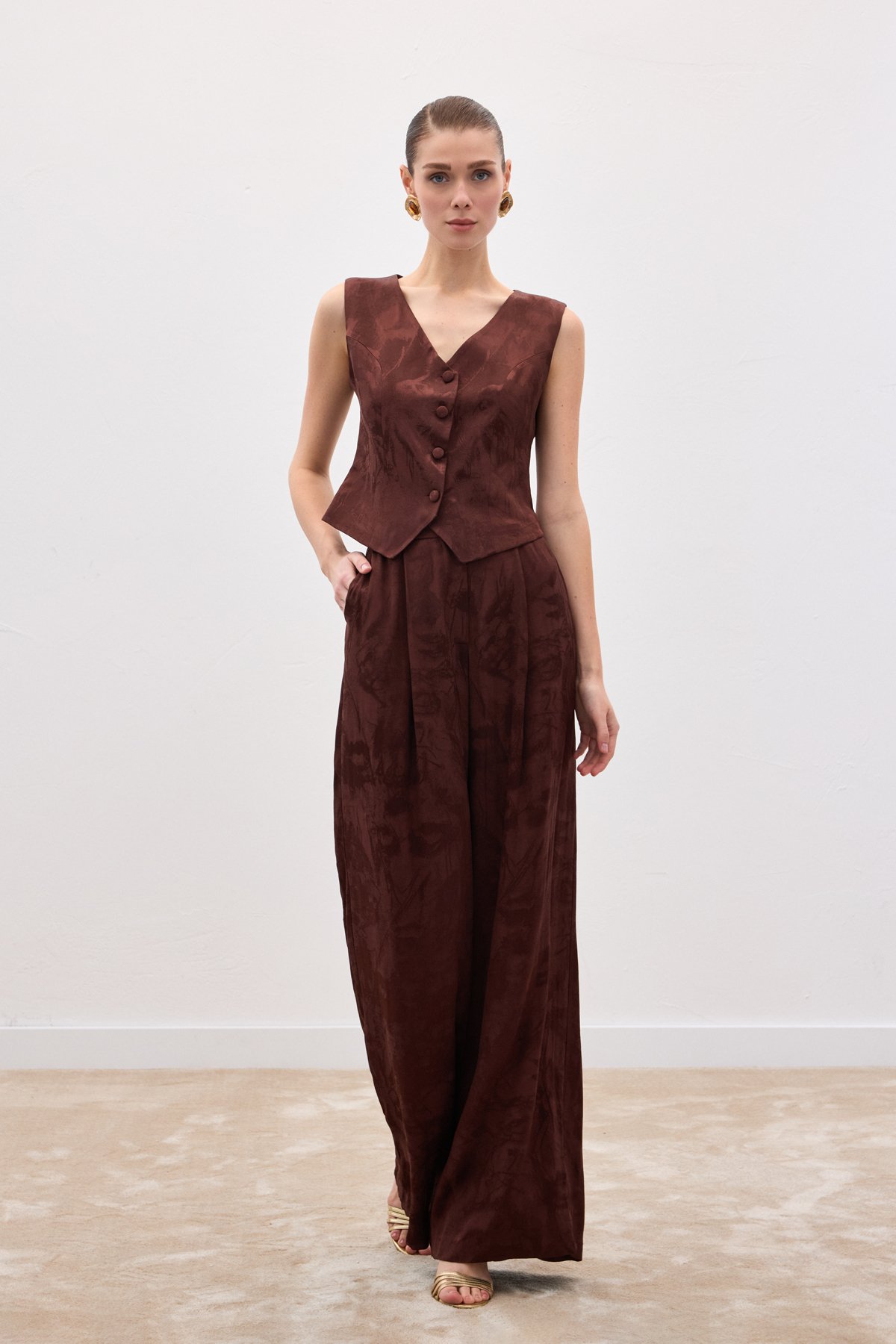 Jakarlı Bol Pantolon - Kahve