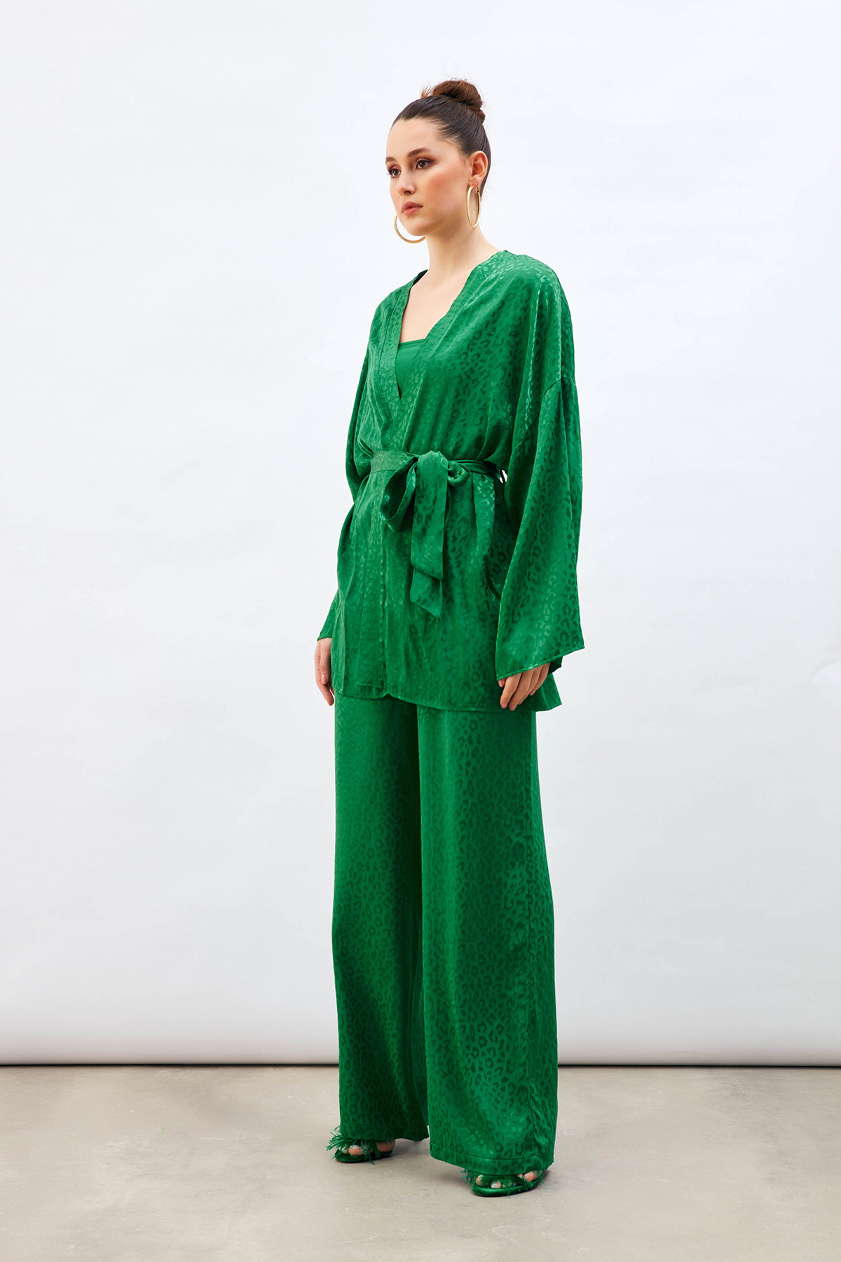 Jakarlı Leopar Pantolon - YEŞİL