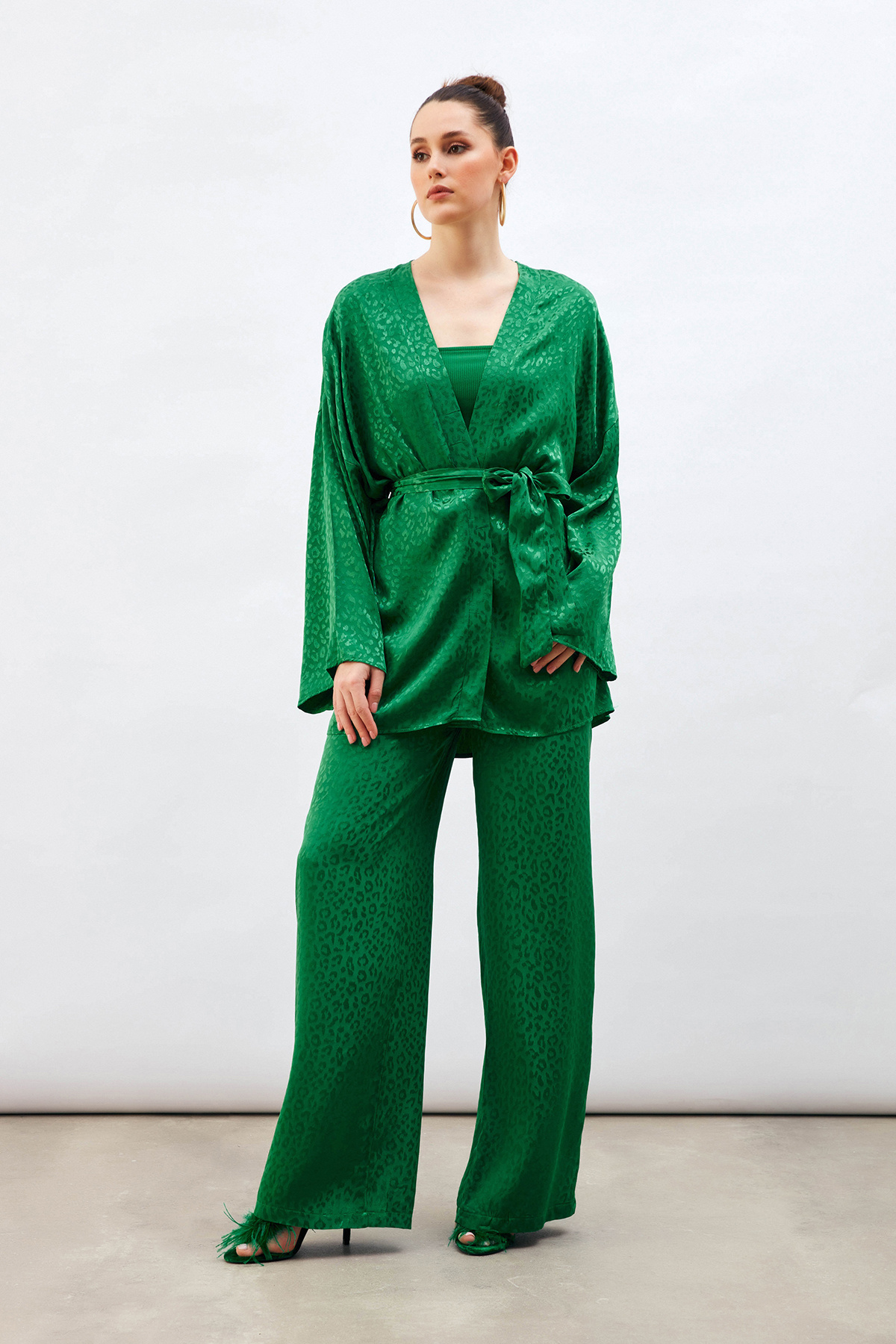 Jakarlı Leopar Pantolon - YEŞİL