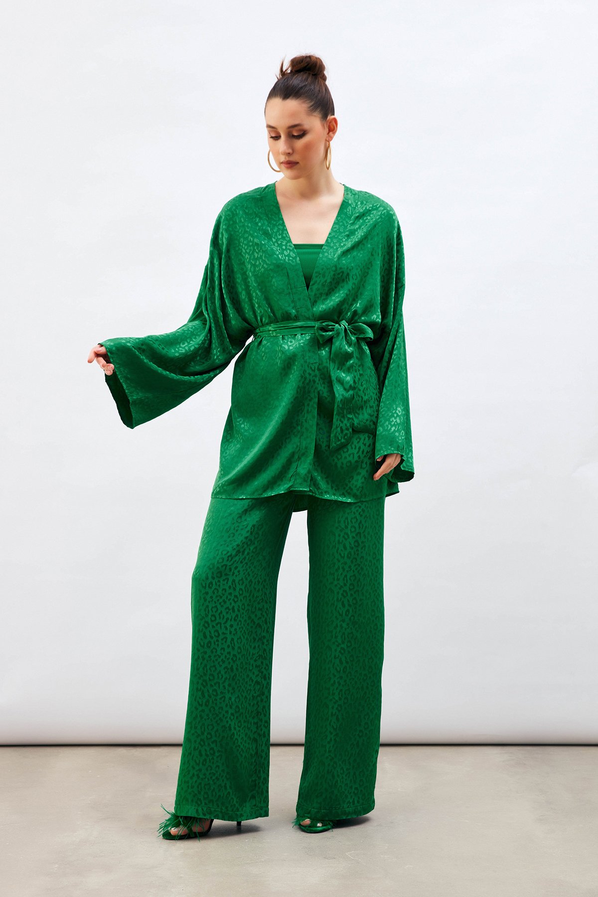 Jakarlı Leopar Pantolon - YEŞİL