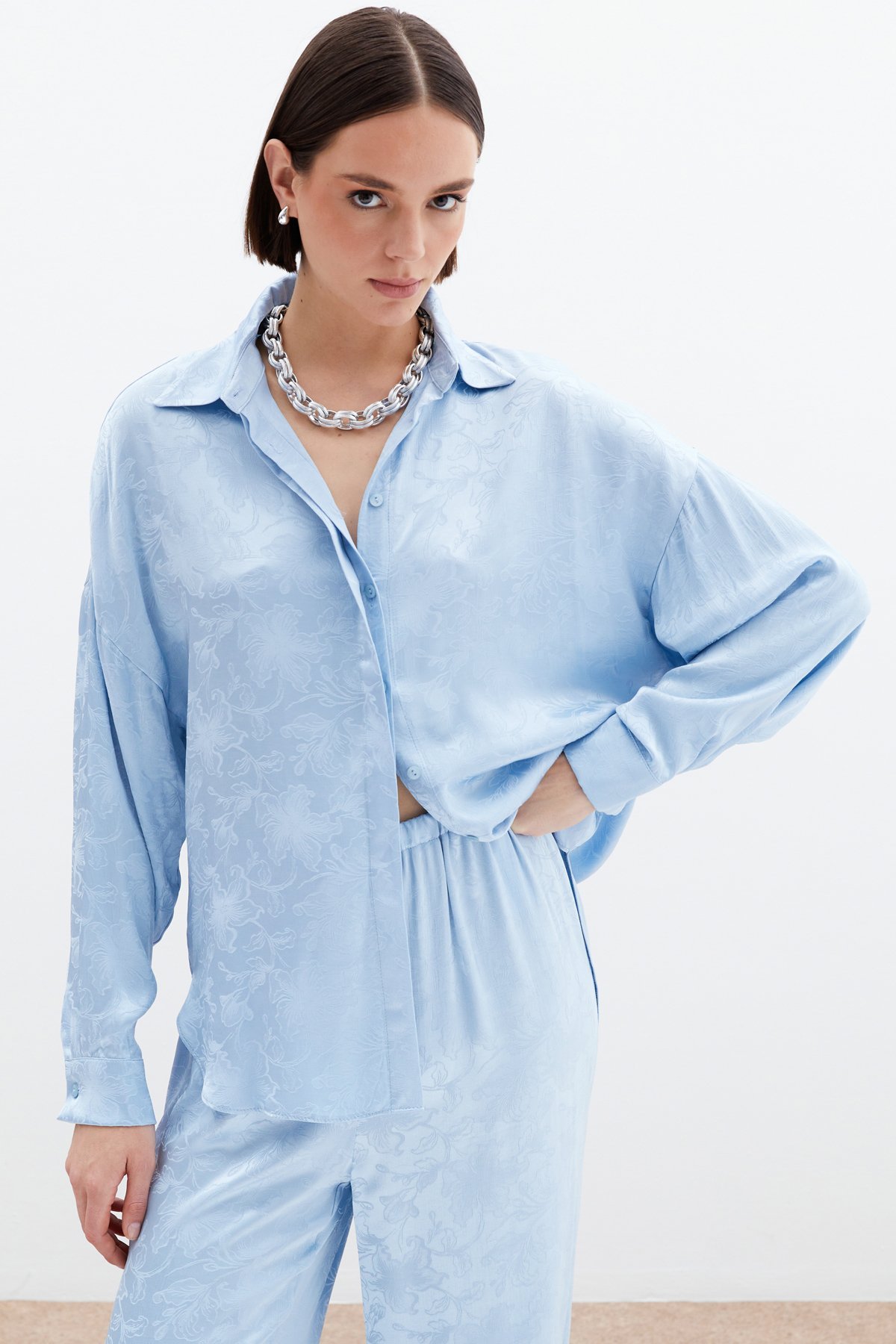 Jakarlı Saten Gömlek - Bebe Mavi