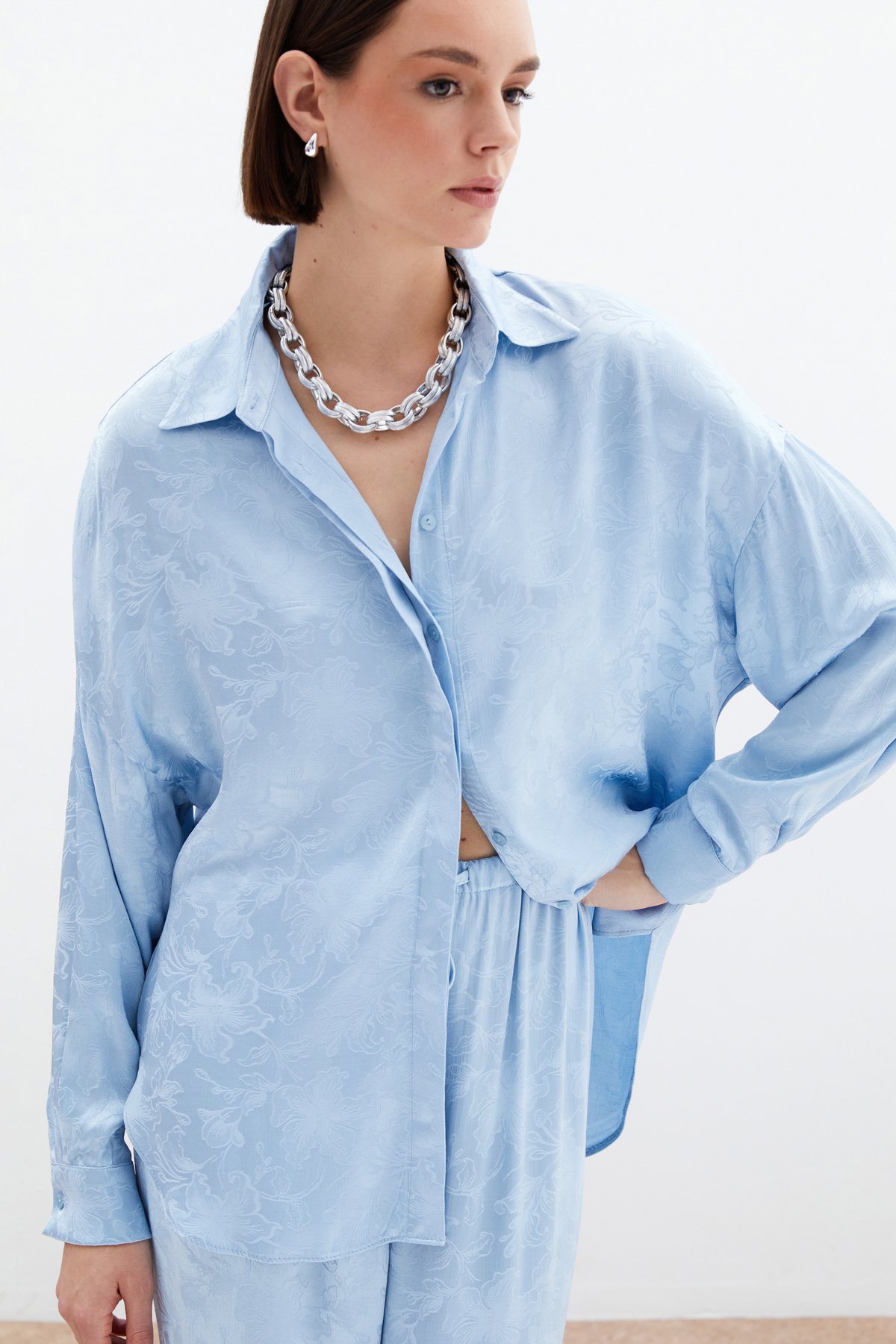 Jakarlı Saten Gömlek - Bebe Mavi
