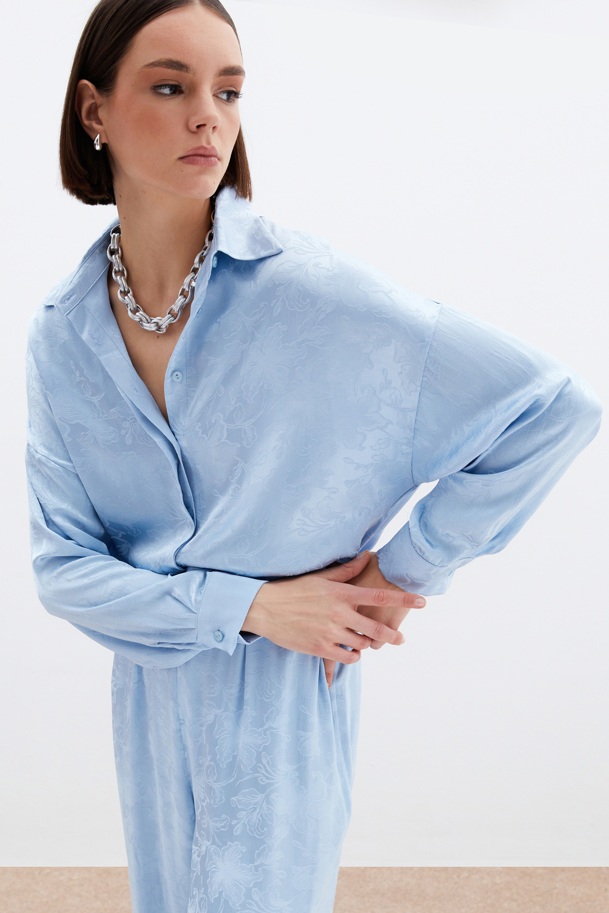 Jakarlı Saten Gömlek - Bebe Mavi