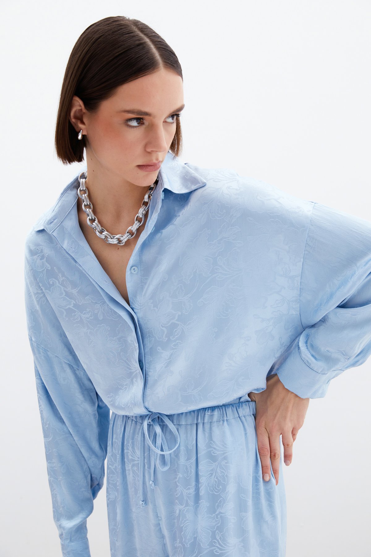 Jakarlı Saten Gömlek - Bebe Mavi